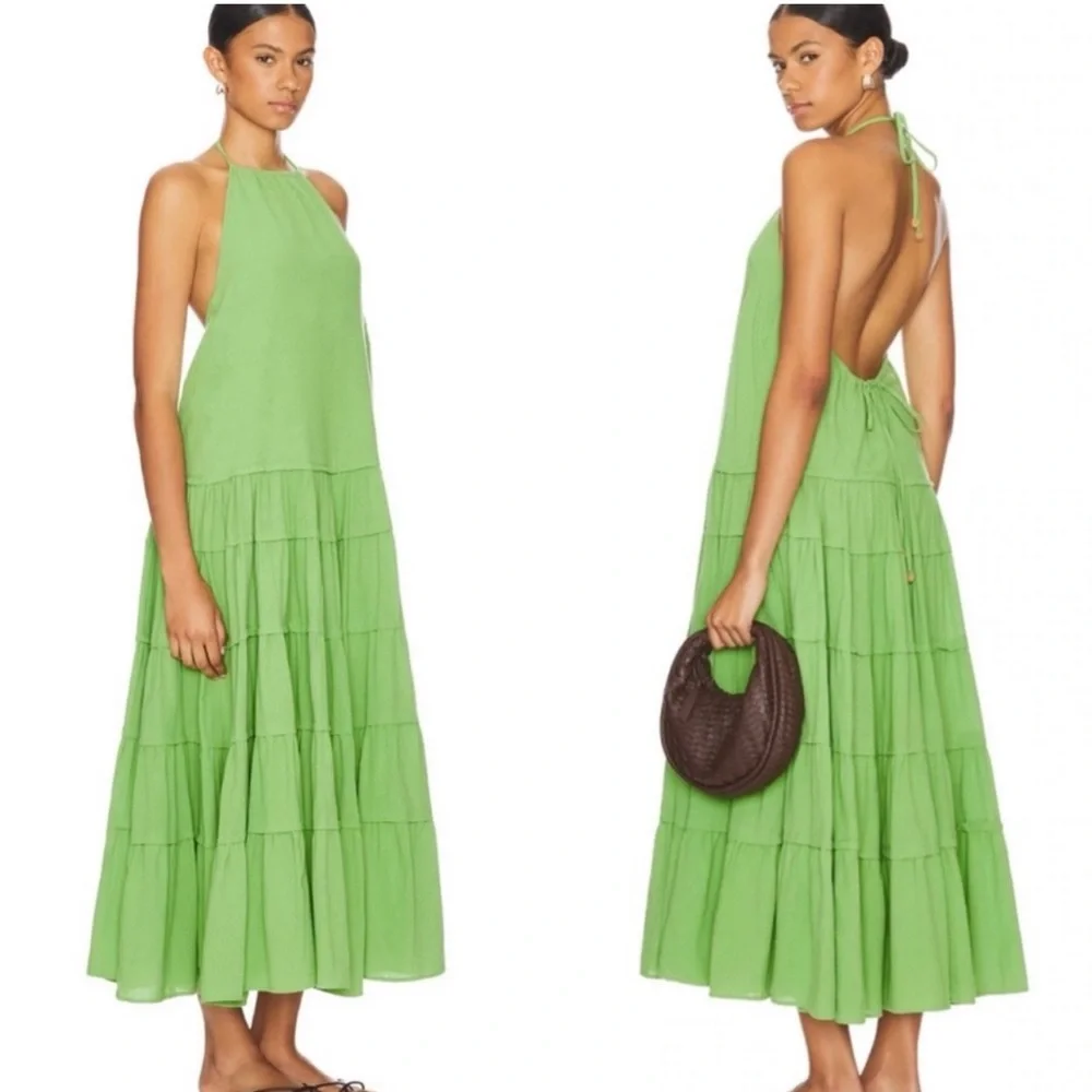 NWOT FREE PEOPLE Green Somewhere Sunny Drop Waist Halter Maxi Dress SZ: L - Picture 2 of 5
